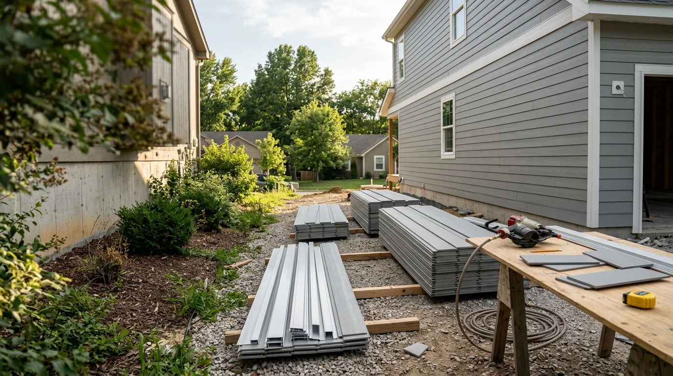 New siding installation on a residential home near Lake of the Ozarks, Missouri, with freshly installed panels covering the full exterior wall. A Roof Direct Midwest crew works on a lakeside property in the Osage Beach area with clean trim detail visible at the corners and window edges.
