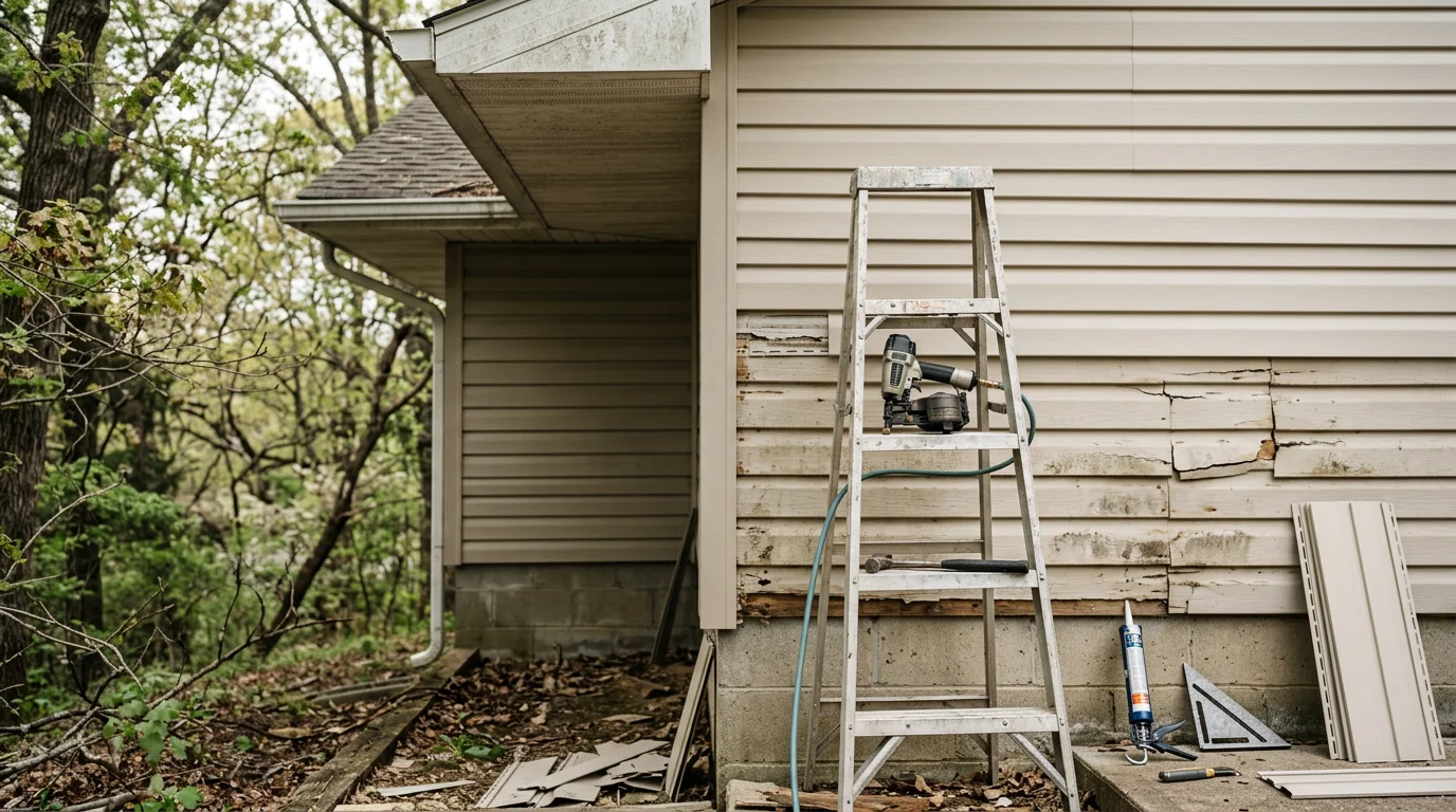 Close-up of repaired exterior siding panels on a residential home near Lake of the Ozarks, Missouri, showing patched and re-secured sections along a wooded lakefront lot. A contractor examines the finished repair on a sunny day in Osage Beach.