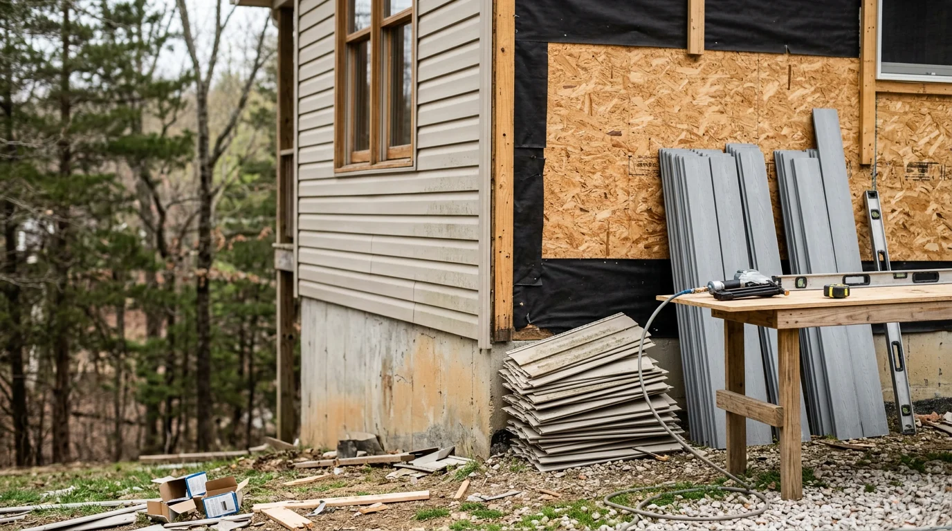 Freshly replaced siding on a lakeside home near Osage Beach, Missouri, showing clean panel lines and a finished exterior. The surrounding wooded lot and lake-area setting are visible in the background.