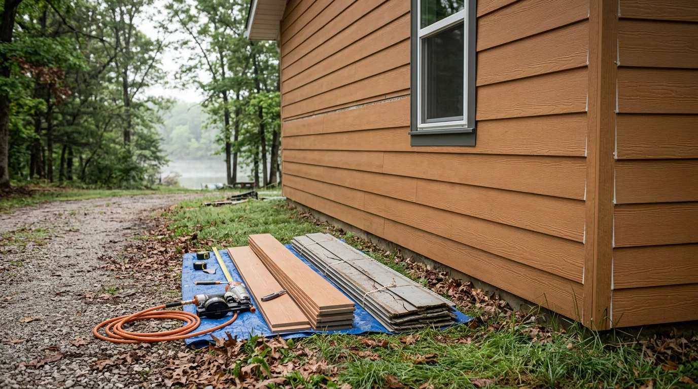 New siding installed on a residential home near Lake of the Ozarks, Missouri, showing clean panel lines and tight corner trim on a wooded lakeside lot. The completed exterior reflects a full siding replacement by Roof Direct Midwest in the Osage Beach and Camdenton service area.