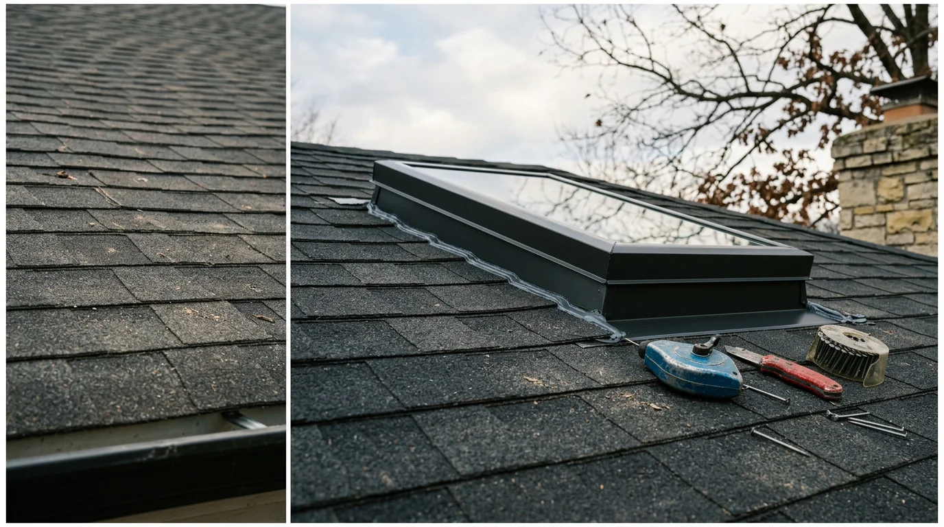 A freshly installed skylight on a residential shingle roof in the Lake of the Ozarks area, with clean step flashing and sealed edges visible around the frame. Natural light visible through the glass against a partly cloudy Missouri sky.