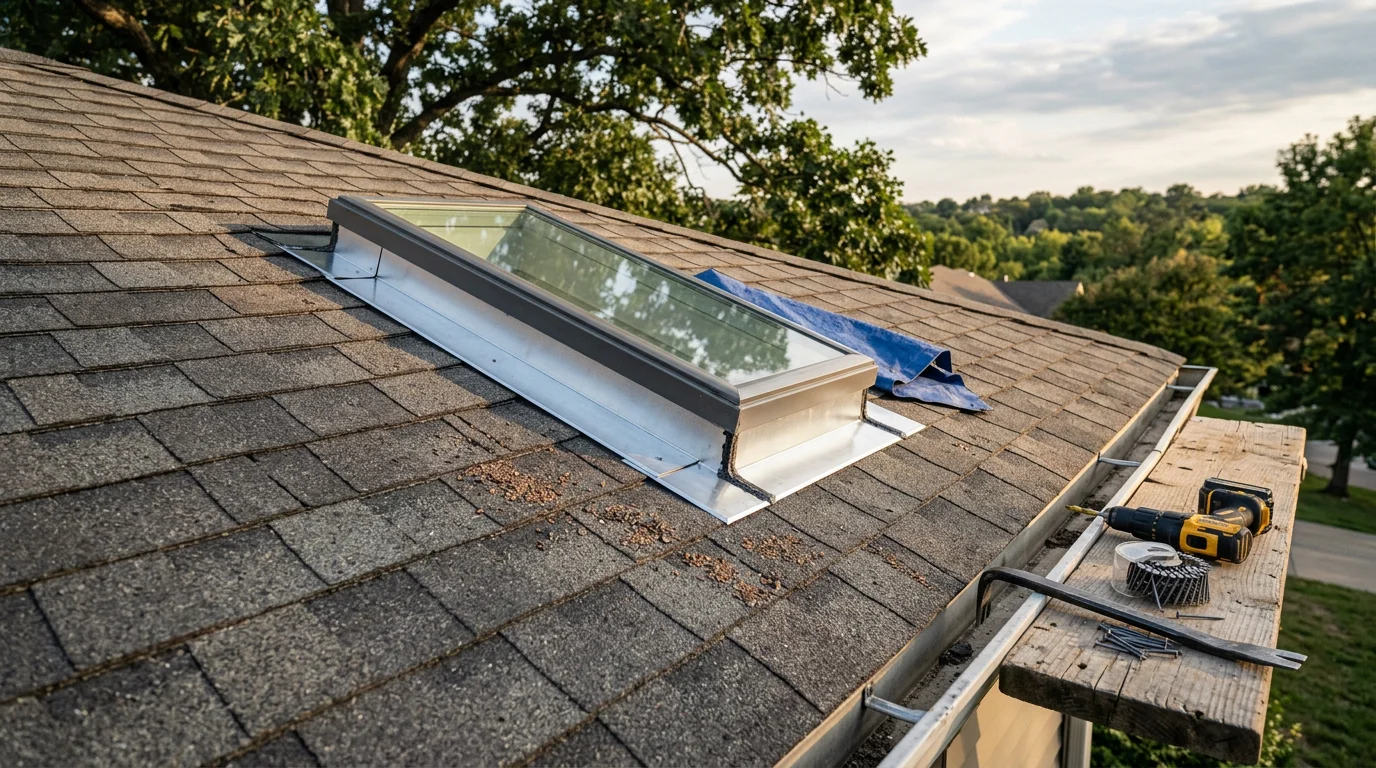 A roofing contractor inspecting and resealing skylight flashing on a residential home near Lake of the Ozarks, Missouri. The repaired skylight sits flush against the shingle roof with no visible gaps or water damage around the frame.