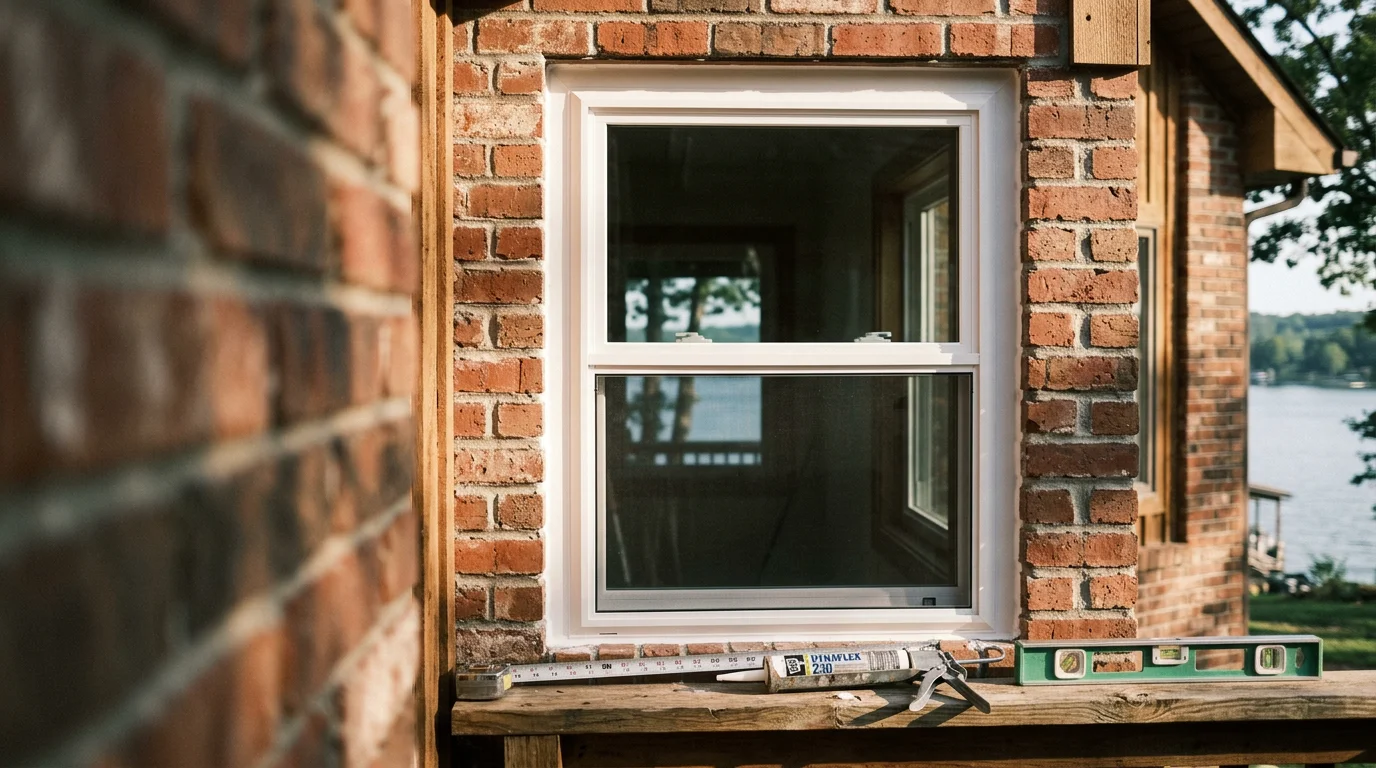 A freshly installed window on a lakefront home in Osage Beach, Missouri, with clean trim lines and a clear view toward the water. The exterior frame is neatly sealed against the siding, showing a completed professional window installation.