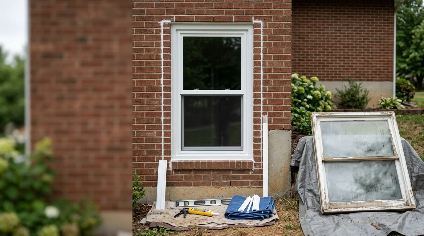A freshly replaced window on a residential home near Lake of the Ozarks, showing a clean frame and clear insulated glass with a view of the surrounding Ozark landscape. The exterior trim is neatly finished, reflecting a completed window replacement job in the Osage Beach and Lake Ozark area.