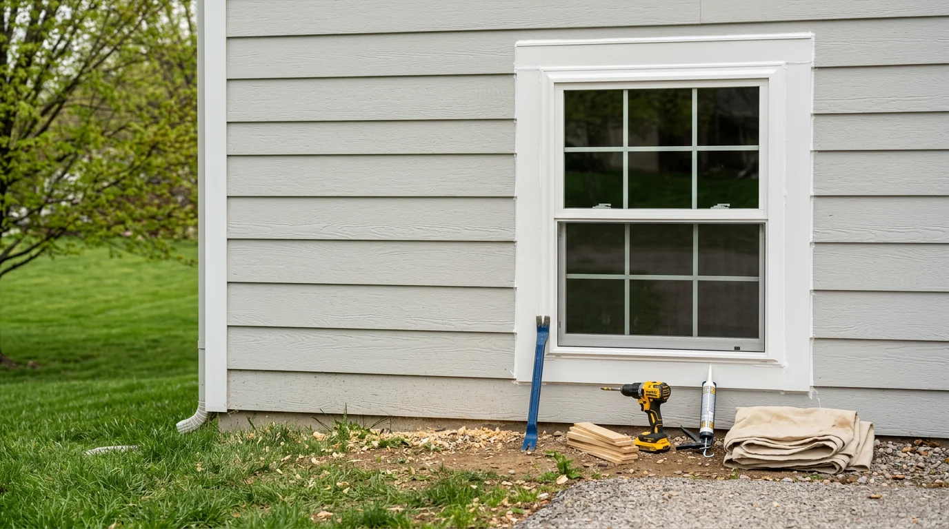 A freshly installed replacement window on a lakefront home near Osage Beach, Missouri, with a clear view of the water and no visible frame gaps or weathering. The exterior trim is clean and flush against the siding.